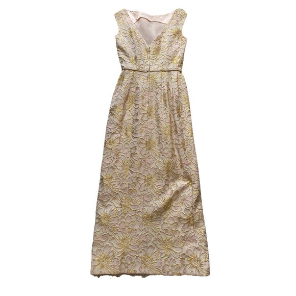 Vintage Dress 1960s Embroidered Floral Satin Pink Gold Long Gown Sheath XS / S - Picture 2 of 9